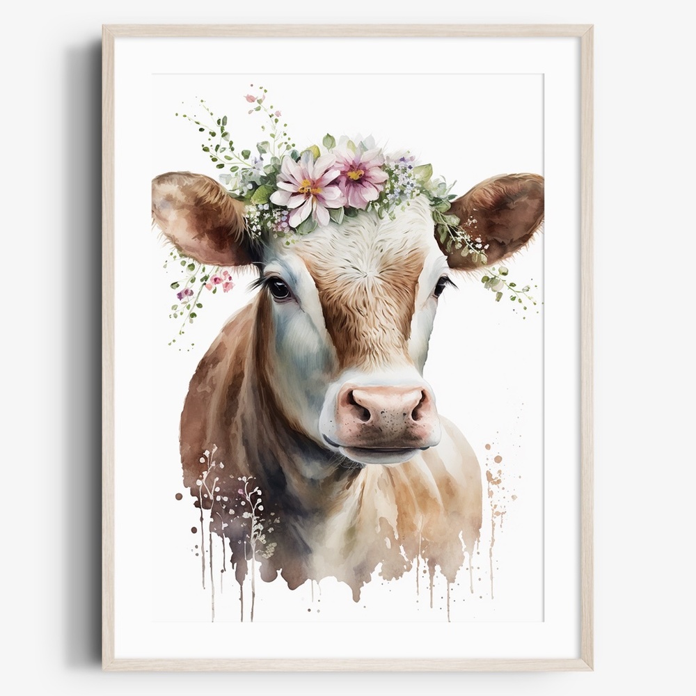 Watercolor Cute Floral Farm Cow Wall Art Illustration Print Poster Unframed